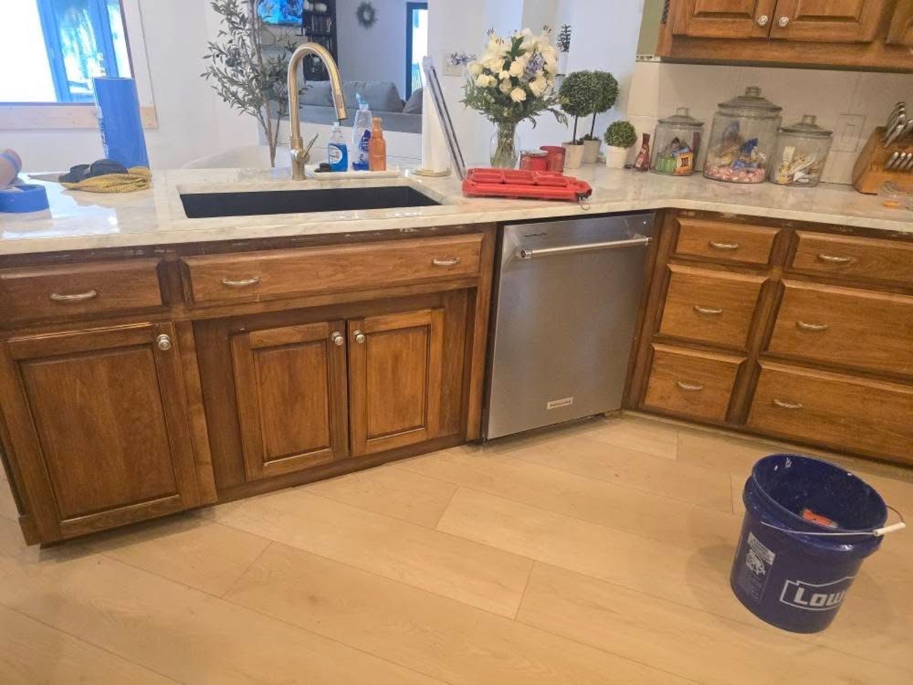 Kitchen before: stained cabinets