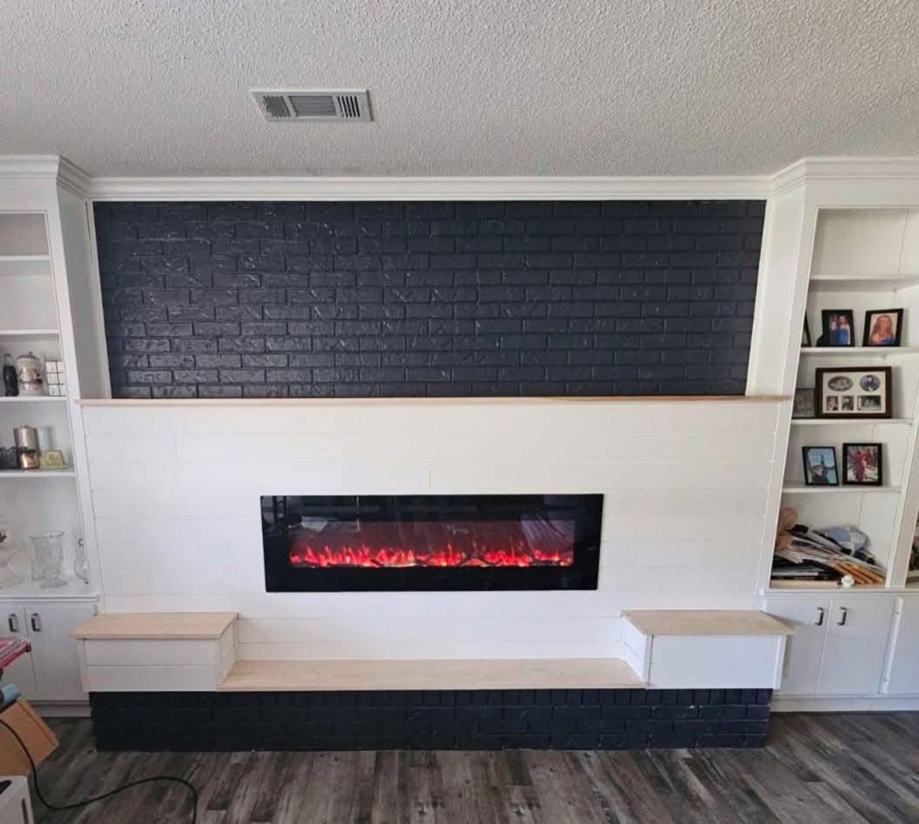 Painted brick, shiplap, benches, and built-ins